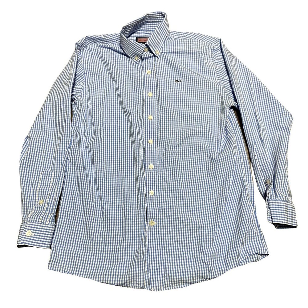 Vineyard Vines Boys L Blue Gingham Whale Shirt 100% Cotton 16-18
